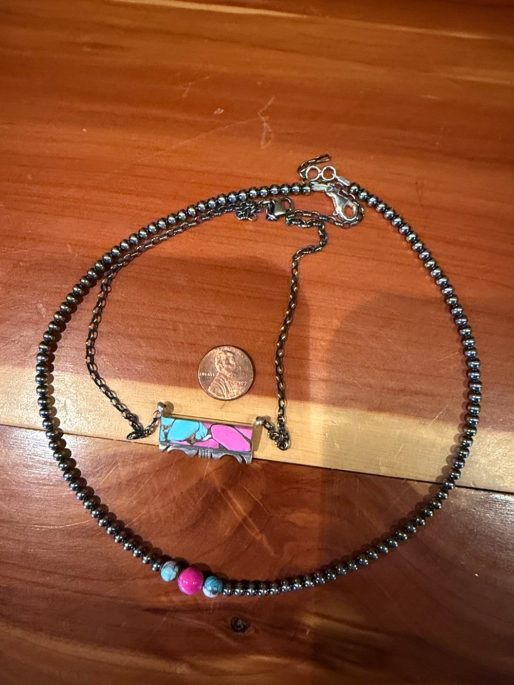 17.25” Signed Cotton Candy Pink & Turquoise Bar Pendant and stacker Necklace